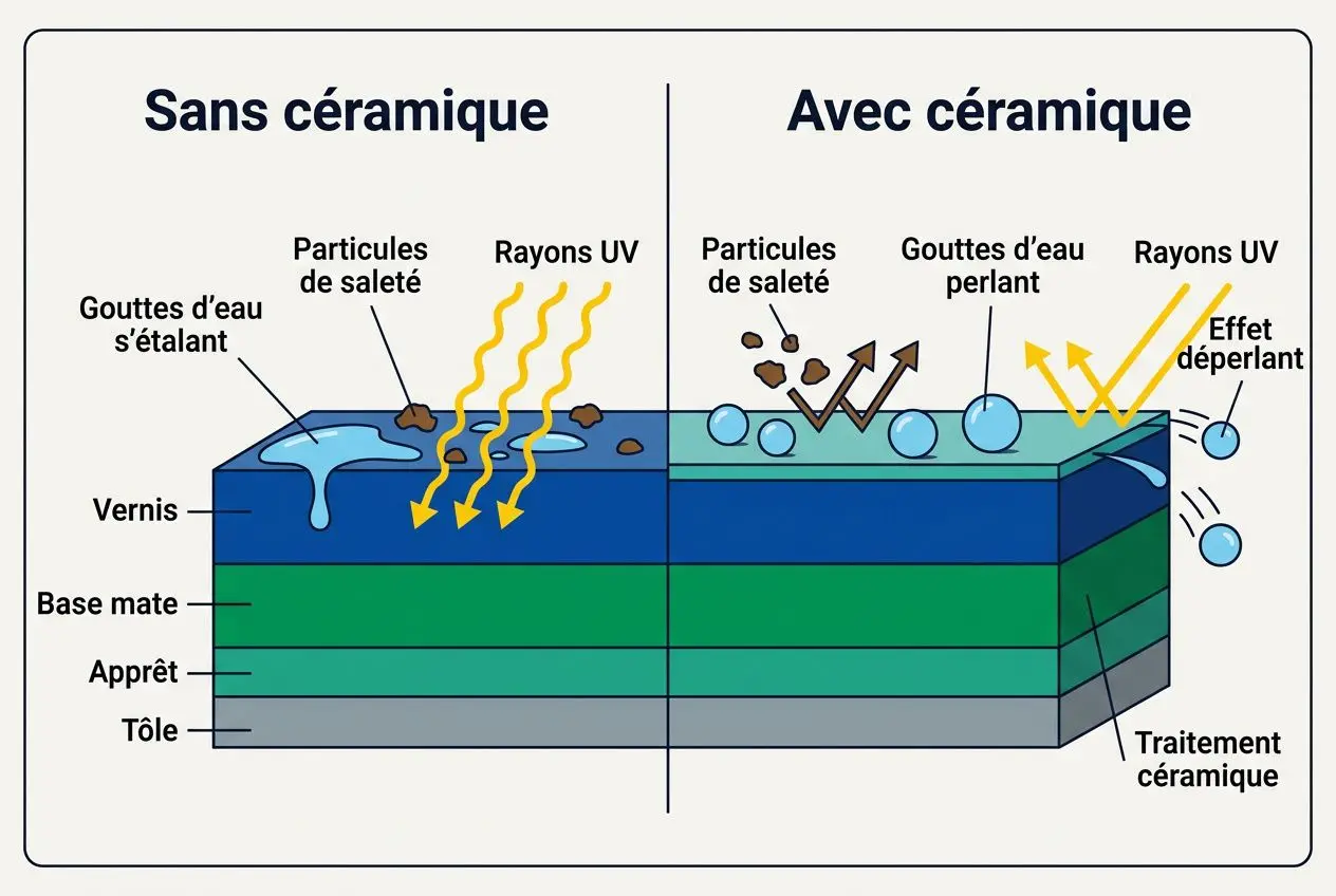 Schéma comparatif “Sans céramique” vs “Avec céramique” montrant les couches de vernis, base mate, apprêt et tôle; particules de saleté et gouttes d’eau protégées par traitement céramique (avec effet dépérlant des rayons UV).