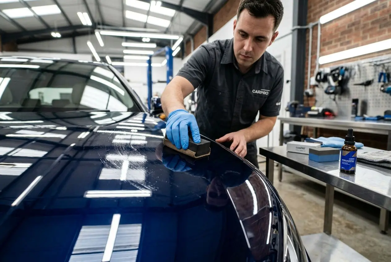 Agent en atelier appliquant une cire sur la carrosserie automobile, avec outils et produits de protection visibles; compare cire carnauba ou céramique.