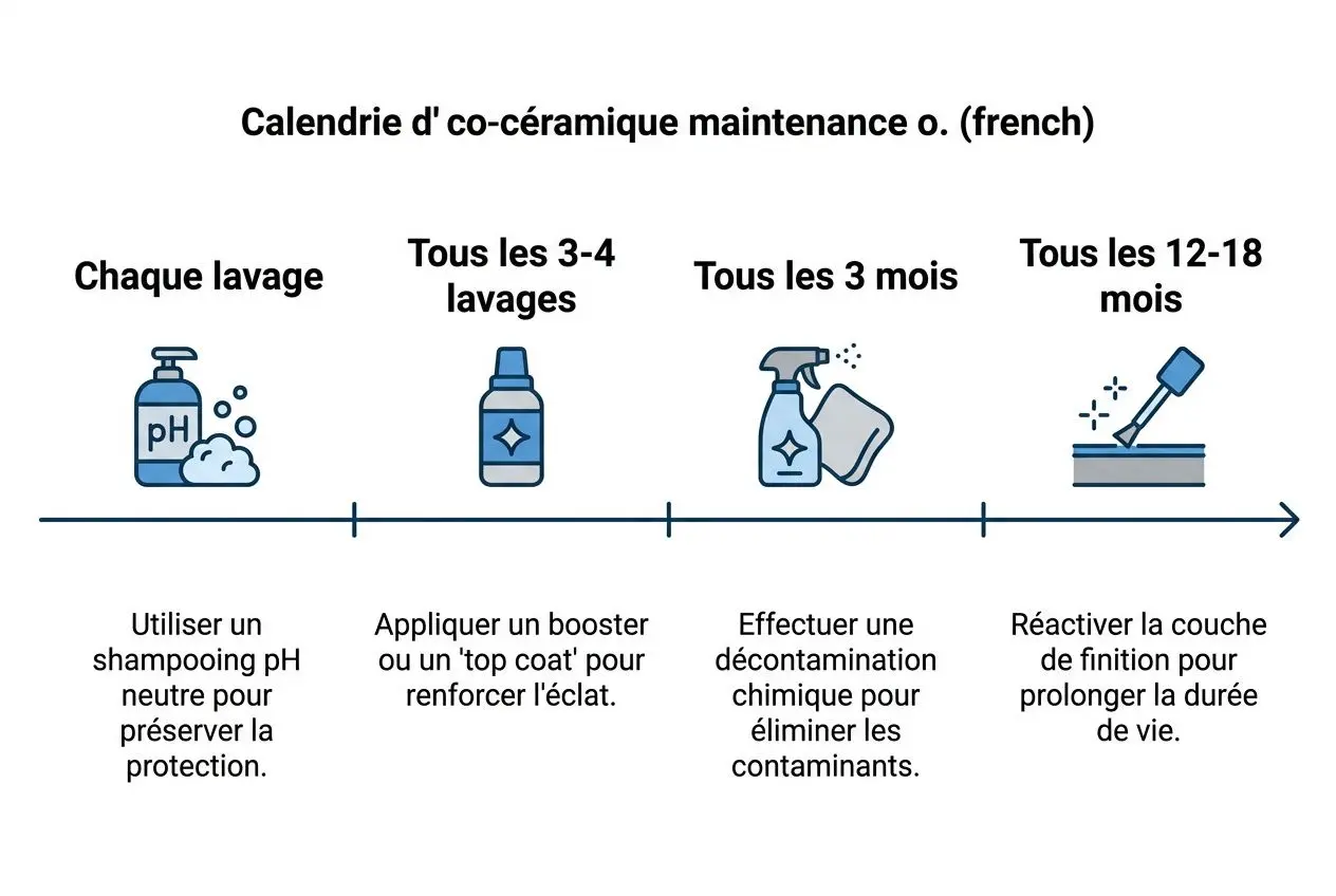 Durée de vie traitement céramique voiture : guide complet | Calendrier Dentretien Co Ceramique Lavages Boosters Tous 34 Calendrier d’entretien de co-céramique: lavages et boosters tous les 3–4 lavages, 3 mois et 12–18 mois, avec conseils pour prologer la durée de vie traitement céramique voiture.