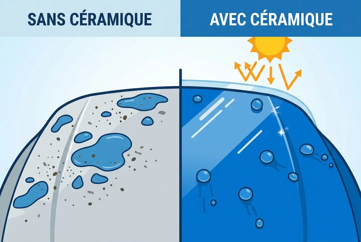 Comparaison: sans céramique et avec céramique sur une carrosserie de voiture, éclat et hydrophobie visibles côté droit. Avantage traitement céramique voiture.