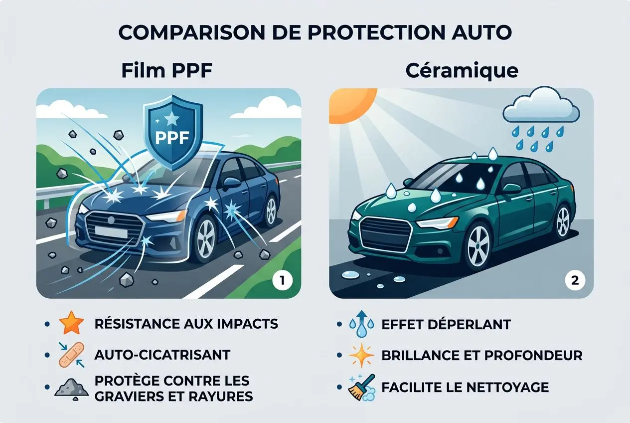 Différence entre le PPF et la céramique : comparaison de protections auto, avec PPF résistant et auto-cicatrisation vs céramique offrant éclat, déperlance et nettoyage facilité.