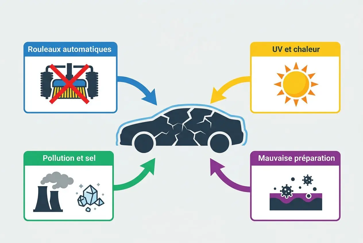 Durée de vie traitement céramique voiture : guide complet | Illustration Schematique Facteurs Affectant Carrosserie Illustration schématique sur les facteurs affectant la carrosserie: routeurs automatiques, UV et chaleur, pollution et sel, mauvaise préparation autour d’une voiture endommagée par fissures. durabilité liée au traitement céramique voiture.